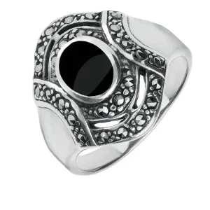 Sterling Silver Whitby Jet Marcasite Oval Stone Framed Shaped Ring