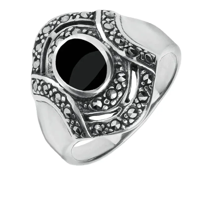 Sterling Silver Whitby Jet Marcasite Oval Stone Framed Shaped Ring
