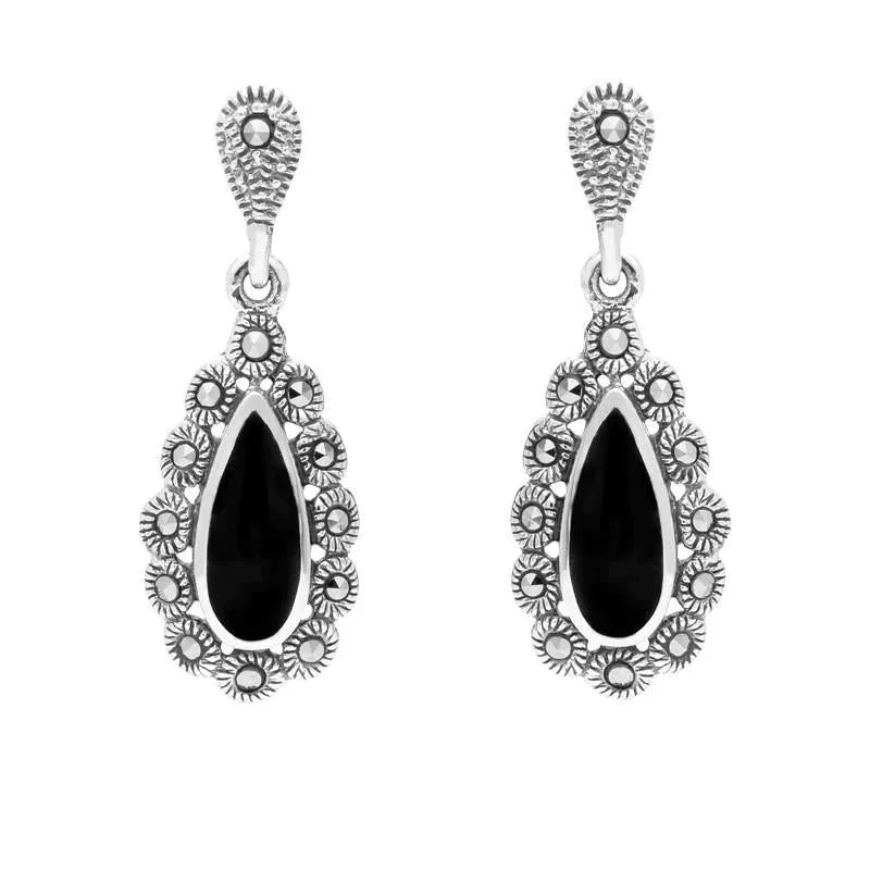 Sterling Silver Whitby Jet Marcasite Pear Centre Round Bead Earrings