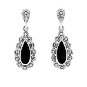 Sterling Silver Whitby Jet Marcasite Pear Centre Round Bead Earrings
