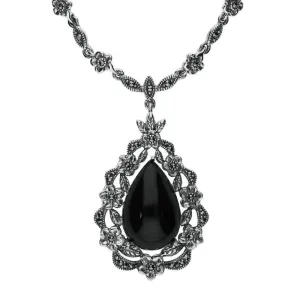 Sterling Silver Whitby Jet Marcasite Pear Cut Floral Necklace