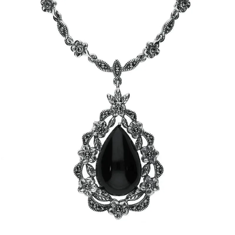 Sterling Silver Whitby Jet Marcasite Pear Cut Floral Necklace