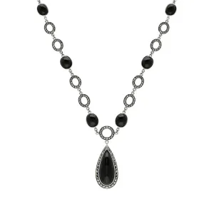 Sterling Silver Whitby Jet Marcasite Pear Drop Oval Chain Necklace
