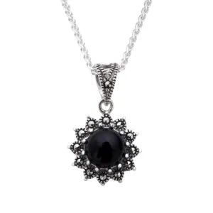 Sterling Silver Whitby Jet Marcasite Round Beaded Edge Necklace