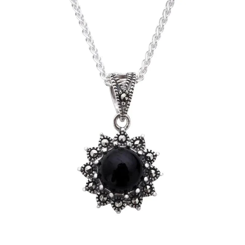 Sterling Silver Whitby Jet Marcasite Round Beaded Edge Necklace
