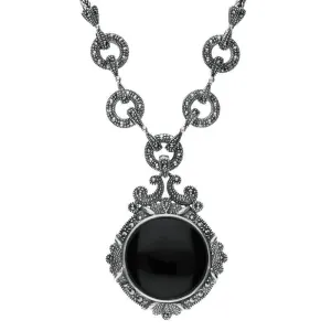 Sterling Silver Whitby Jet Marcasite Round Ornate Necklace