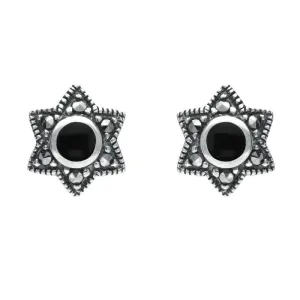 Sterling Silver Whitby Jet Marcasite Six Point Star Stud Earrings