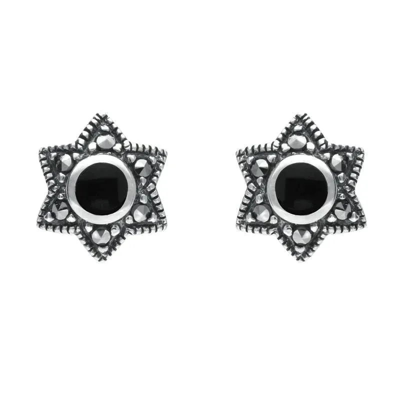 Sterling Silver Whitby Jet Marcasite Six Point Star Stud Earrings
