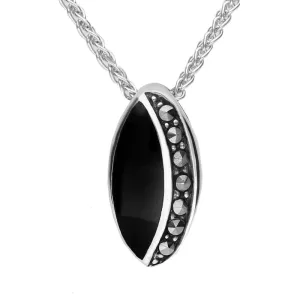 Sterling Silver Whitby Jet Marcasite Small Oval Necklace