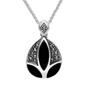 Sterling Silver Whitby Jet Marcasite Three Stone Necklace