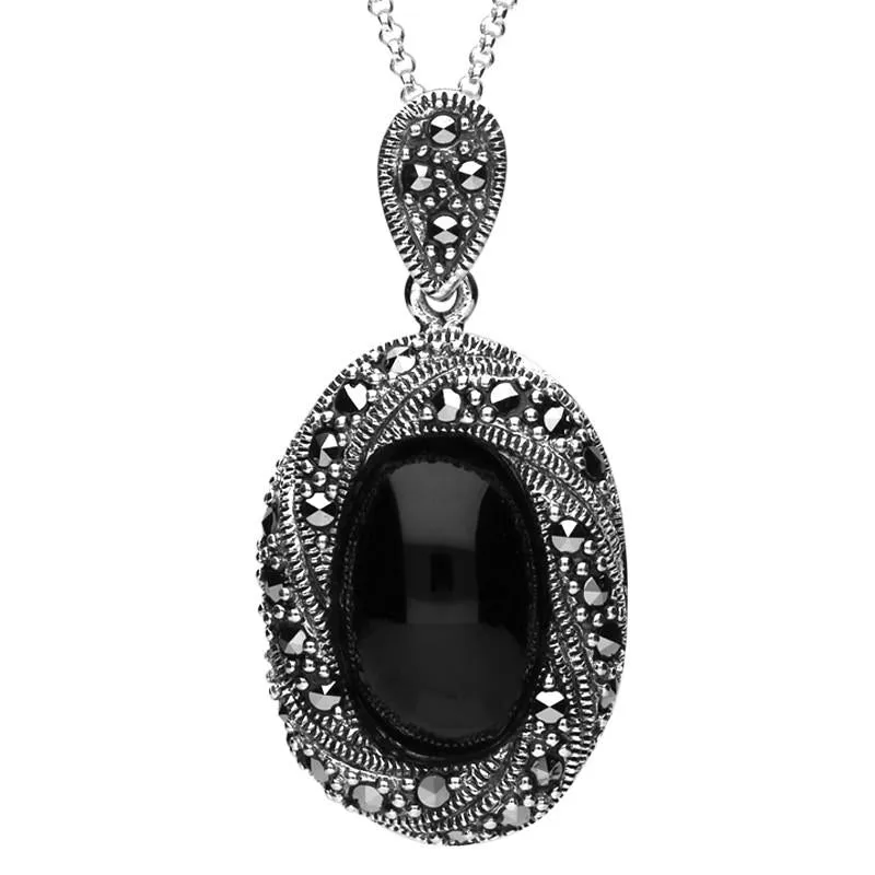 Sterling Silver Whitby Jet Marcasite Twisted Edge Necklace