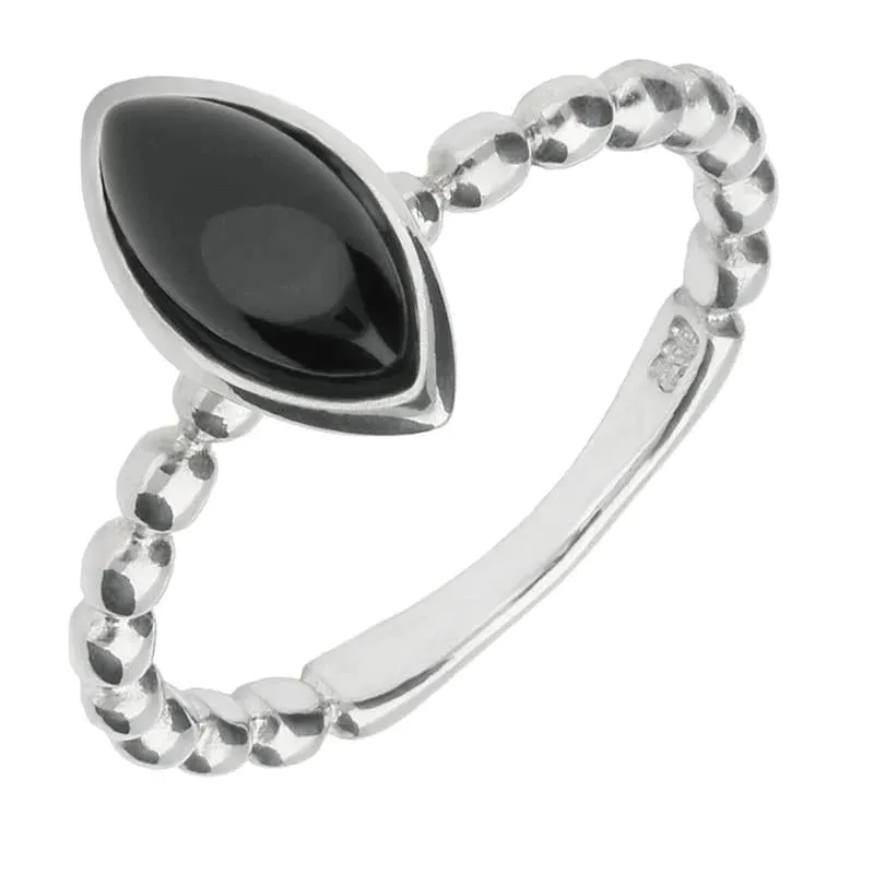 Sterling Silver Whitby Jet Marquise beaded Shank Stacking Ring