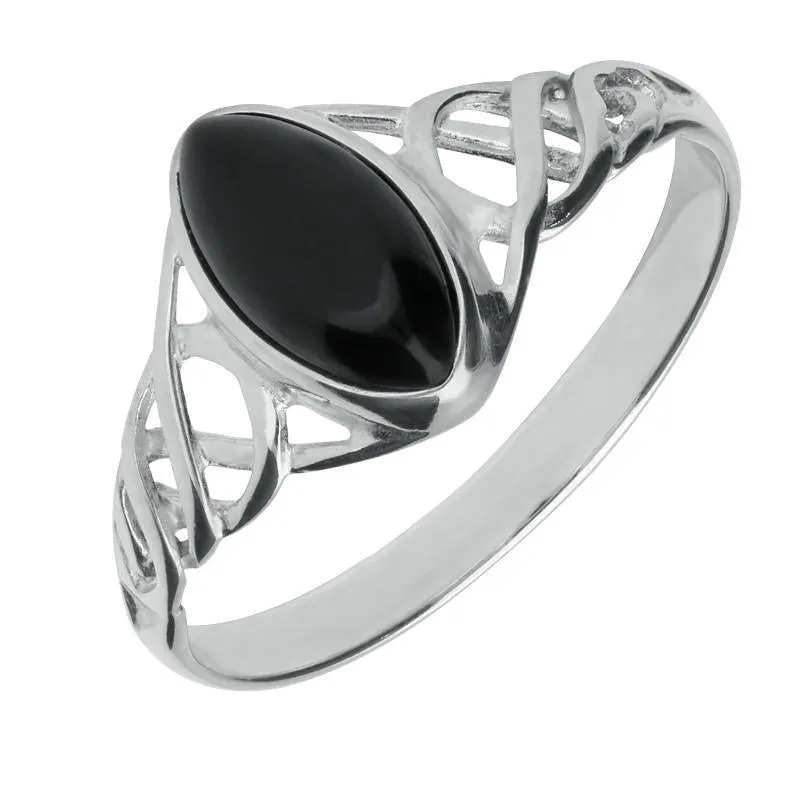 Sterling Silver Whitby Jet Marquise Celtic Ring