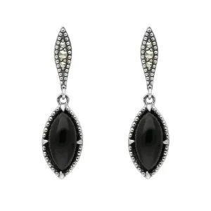 Sterling Silver Whitby Jet Marquise Long Drop Earrings