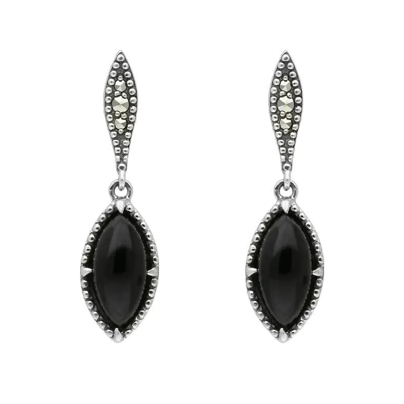 Sterling Silver Whitby Jet Marquise Long Drop Earrings