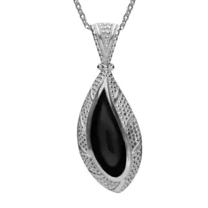 Sterling Silver Whitby Jet Marquise Shape Beaded Edge Necklace