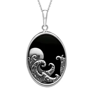 Sterling Silver Whitby Jet Moon Waves Oval Necklace