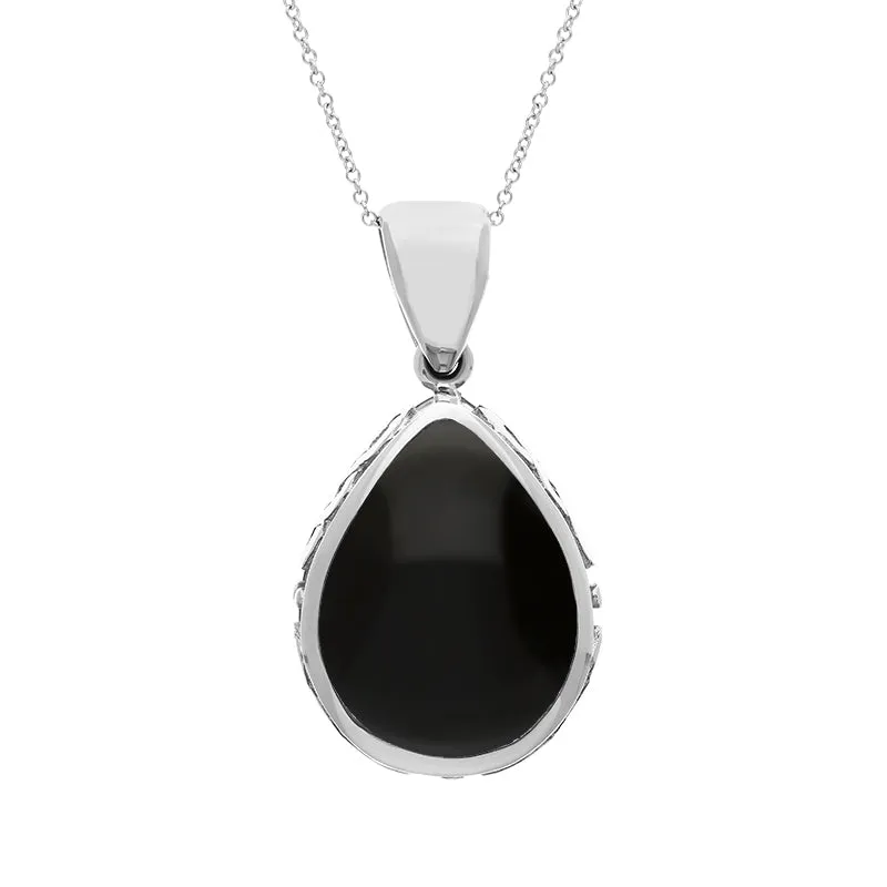 Sterling Silver Whitby Jet Mother Of Pearl Double Sided Celtic Pear Cut Fob Necklace