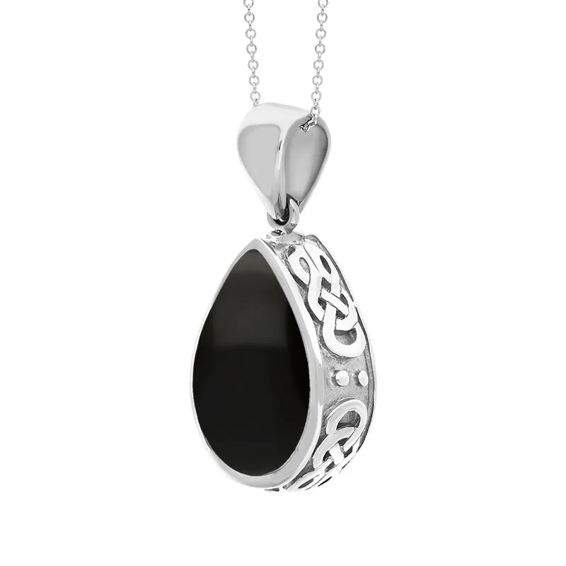 Sterling Silver Whitby Jet Mother Of Pearl Double Sided Celtic Pear Cut Fob Necklace