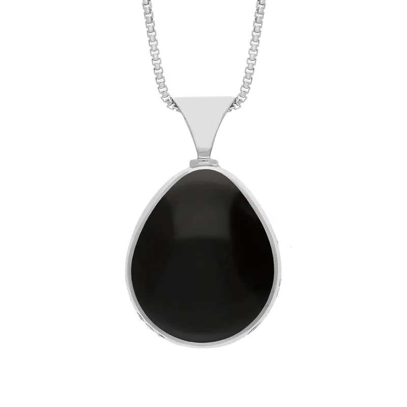 Sterling Silver Whitby Jet Mother of Pearl Hallmark Double Sided Pear-shaped Necklace