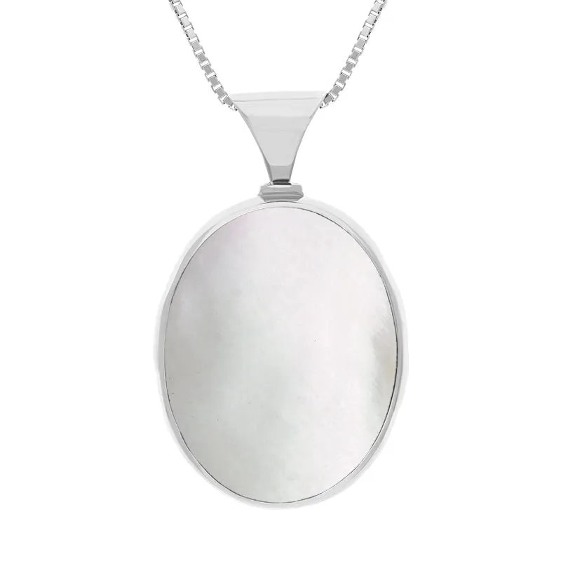 Sterling Silver Whitby Jet Mother of Pearl Queens Jubilee Hallmark Double Sided Oval Necklace D