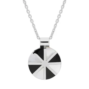 Sterling Silver Whitby Jet Mother Of Pearl Round Eight Segment Pendant D