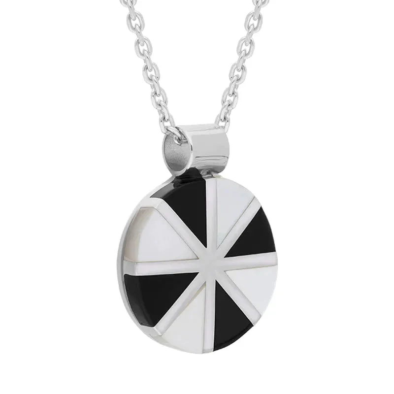 Sterling Silver Whitby Jet Mother Of Pearl Round Eight Segment Pendant D