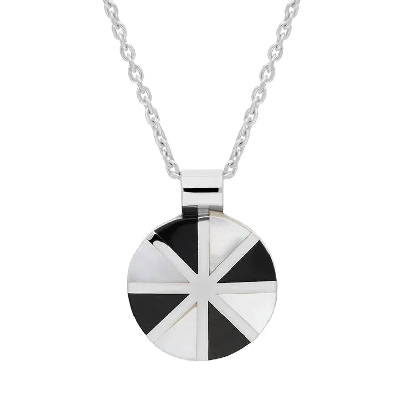 Sterling Silver Whitby Jet Mother Of Pearl Round Eight Segment Pendant D