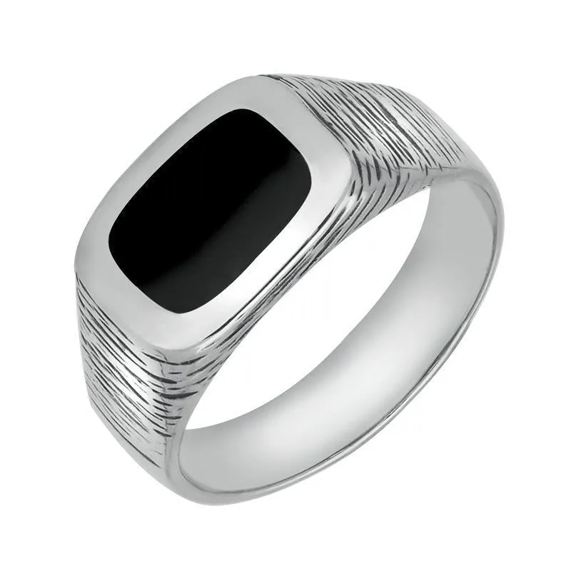 Sterling Silver Whitby Jet Oblong Bark Effect Signet Ring