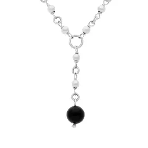 Sterling Silver Whitby Jet One Stone Drop Beaded Necklace D