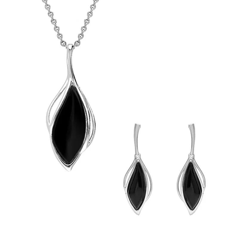 Sterling Silver Whitby Jet Open Marquise Two Piece Set
