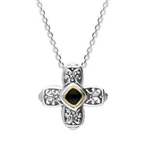Sterling Silver Whitby Jet Ornate Cross Necklace D