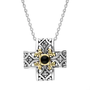Sterling Silver Whitby Jet Ornate Flower Cross Necklace D