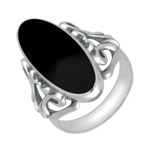 Sterling Silver Whitby Jet  Oval Carved Edge Ring