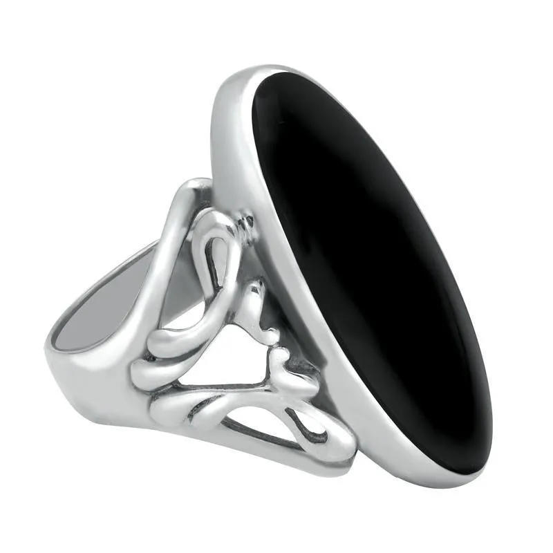 Sterling Silver Whitby Jet  Oval Carved Edge Ring