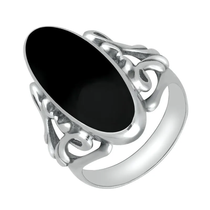 Sterling Silver Whitby Jet  Oval Carved Edge Ring