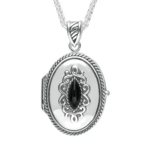 Sterling Silver Whitby Jet Oval Marquise Stone Locket