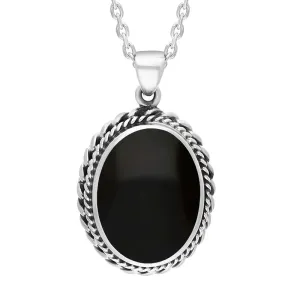 Sterling Silver Whitby Jet Oval Rope Edge Frame Necklace D