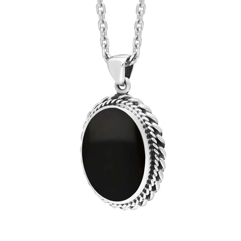 Sterling Silver Whitby Jet Oval Rope Edge Frame Necklace D