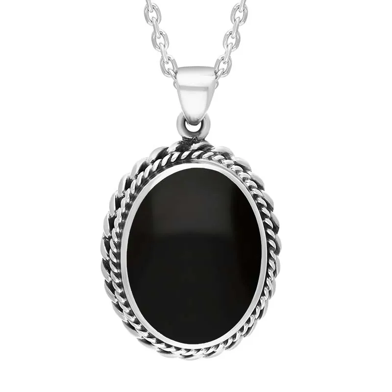 Sterling Silver Whitby Jet Oval Rope Edge Frame Necklace D