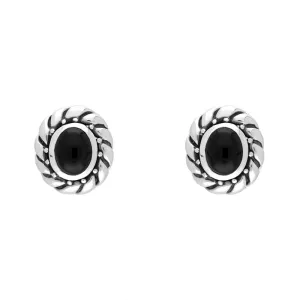 Sterling Silver Whitby Jet Oval Rope Edge Omega Clip Earrings D