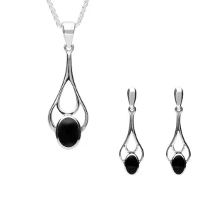 Sterling Silver Whitby Jet Oval Spoon Necklace and Earring Set