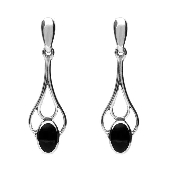 Sterling Silver Whitby Jet Oval Spoon Necklace and Earring Set