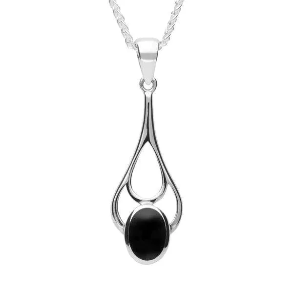 Sterling Silver Whitby Jet Oval Spoon Necklace and Earring Set