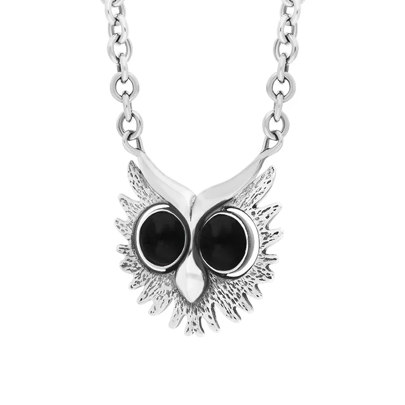 Sterling Silver Whitby Jet Owls Face Necklace