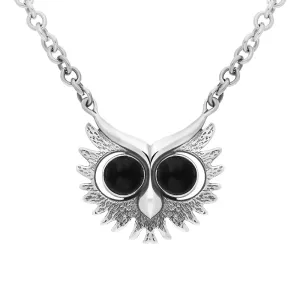 Sterling Silver Whitby Jet Owls Face Necklace