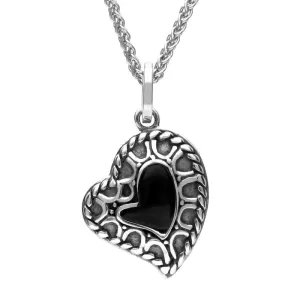 Sterling Silver Whitby Jet Oxidised Patterned Heart Necklace