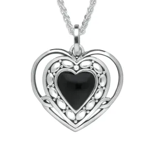 Sterling Silver Whitby Jet Pattern Open Heart Necklace