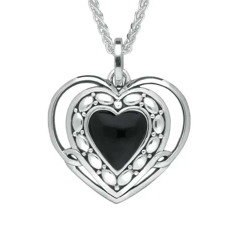 Sterling Silver Whitby Jet Pattern Open Heart Necklace
