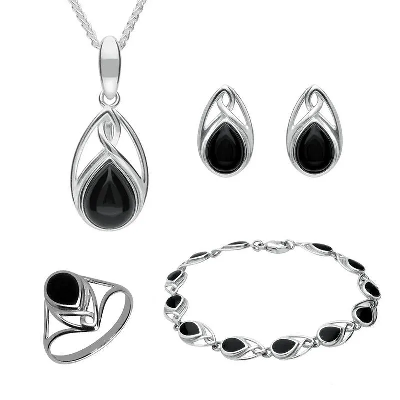 Sterling Silver Whitby Jet Pear Shaped Celtic Four Piece Set
